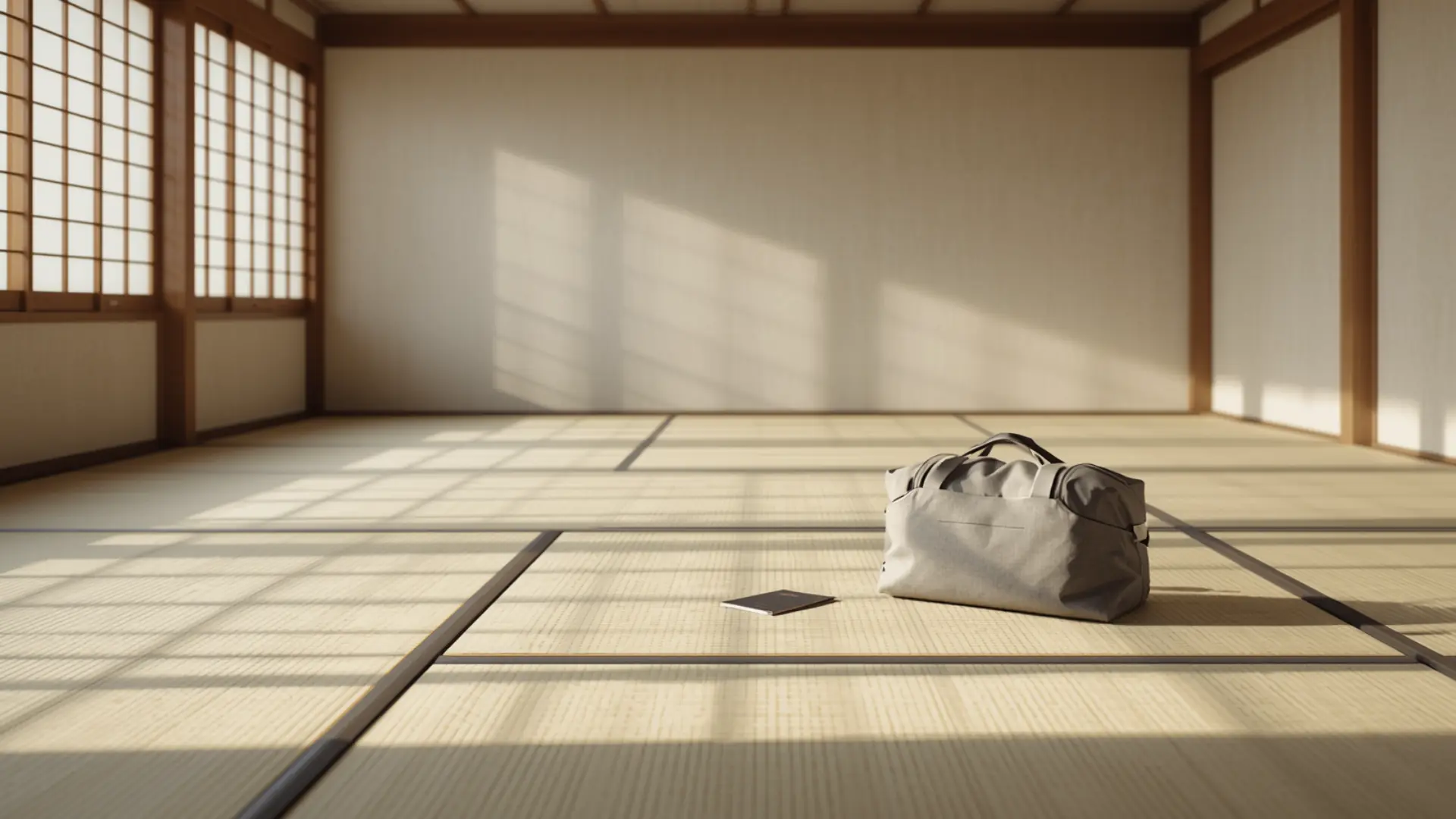 An empty tatami dojo in afternoon light, with a visitor's bag and passport on the mat