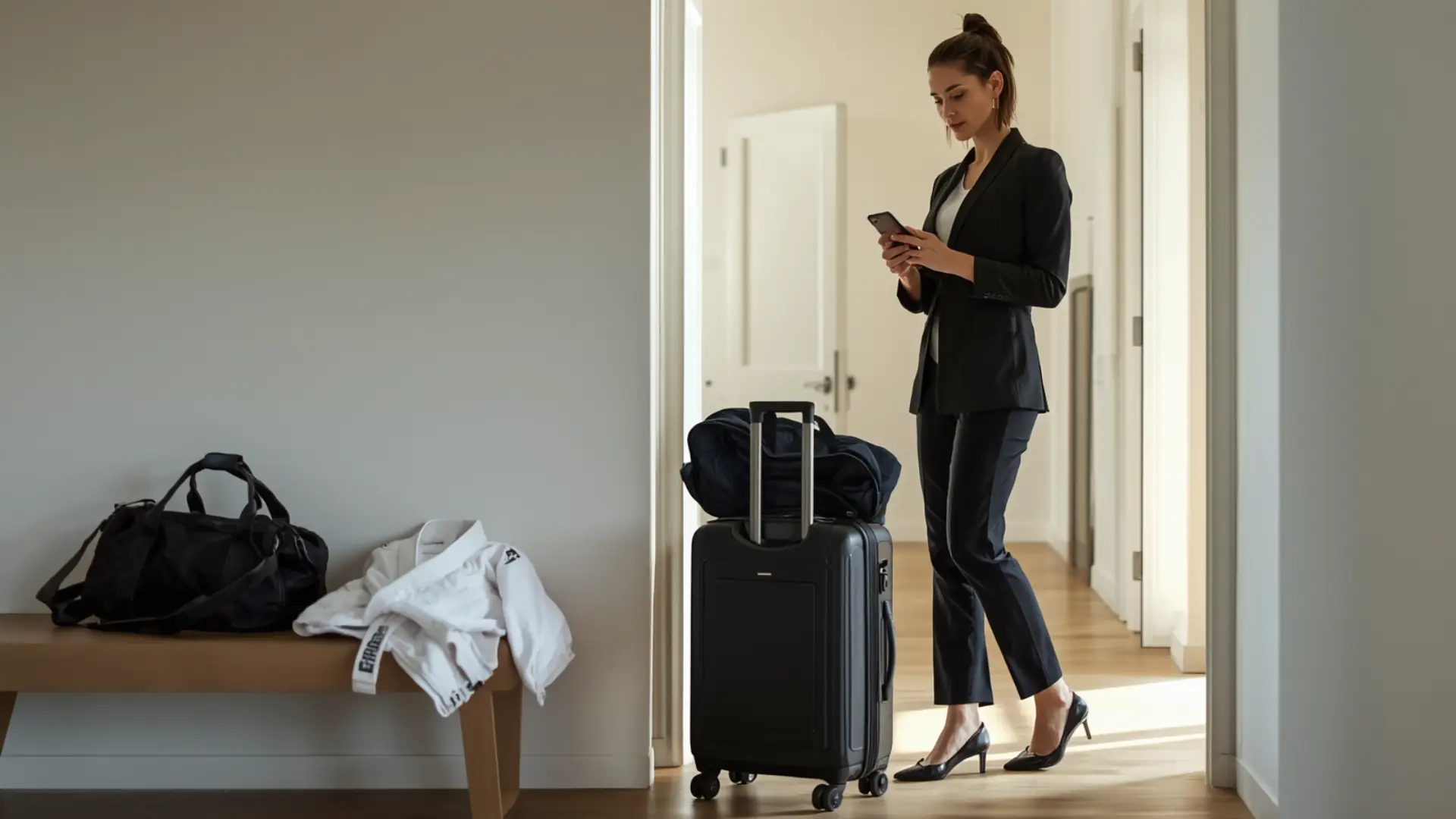 A traveller in a business suit checks her phone beside her suitcase, with her gi and training bag on a bench